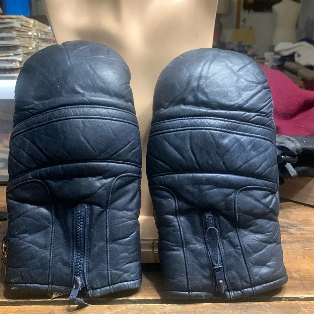 80’s CONROY NAVY LEATHER MITTENS INSULATED TRUE VINTAGE